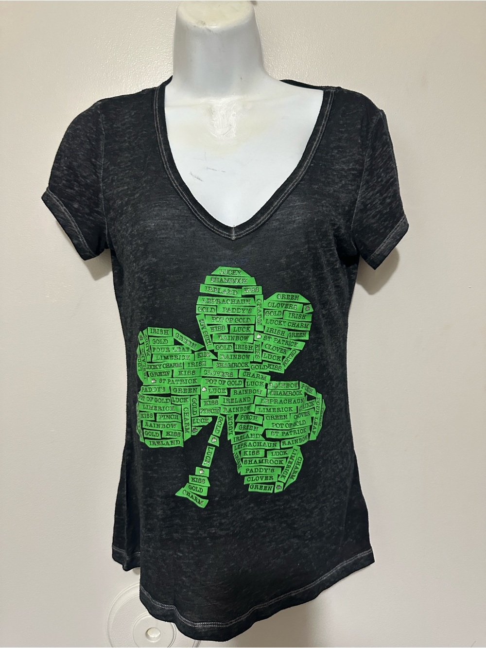 ALL ACCESS Black V-Neck Tee with Bright Green Shamrock Graphic